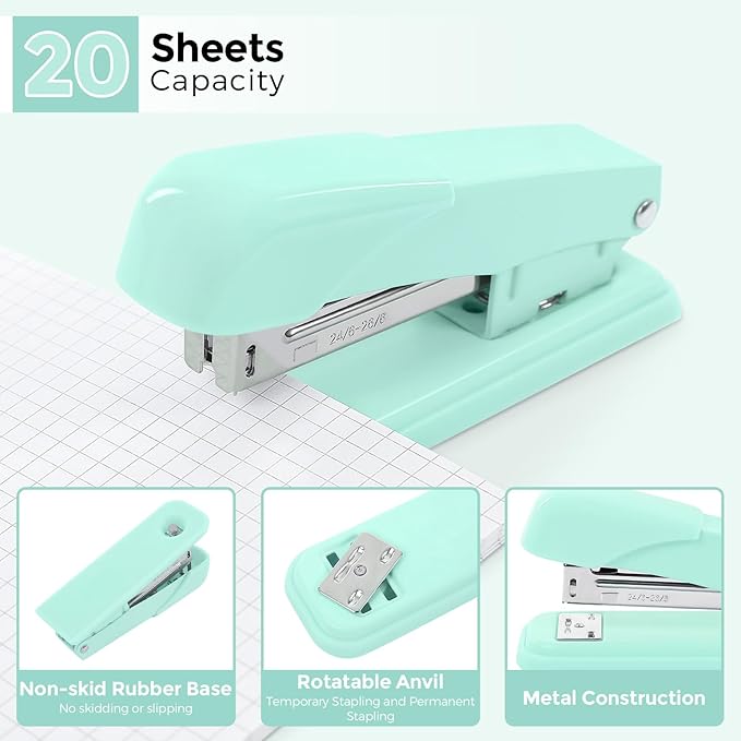 SKYDUE Teal Office Supplies Set, Office Desk Accessories 10Pcs, Pencil Holder for Desk, Stapler, Tape Dispenser, Scissors, Clips and 1000pcs Staples, School Supplies for Teacher