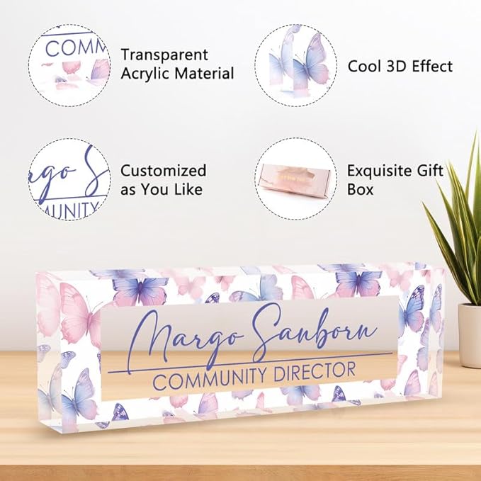 Personalized Office Desk Name Plate Acrylic Glass Block (Watercolor Butterfly)