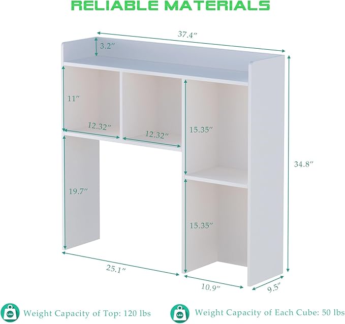 Wooden Desktop Hutch Bookshelf - Free Standing Desk Storage Shelf with Top Edge for Computer Desk, Desktop Bookcase for Dorm, Home or Office, Countertop Organizer, White, 37.4"