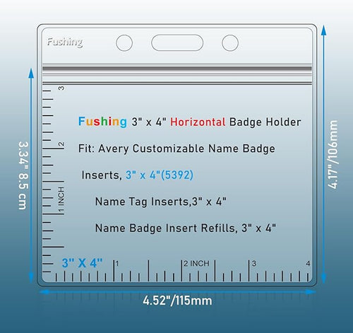 3x4 Inch Name Badge Holders - Fushing Clear Plastic Horizontal Name Tag Badge ID Card Holders for 3 x 4 Inch Name Badge Inserts or Name Tag Inserts (50)