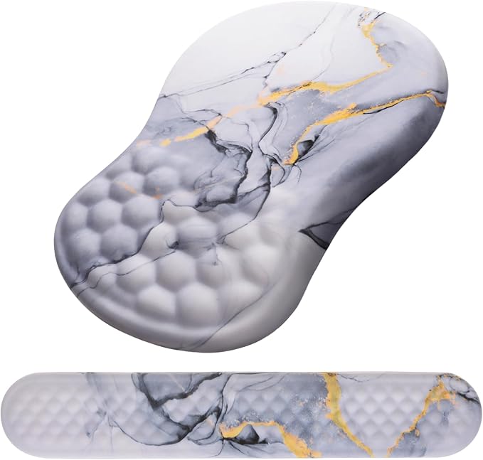 Mouse Pad Wrist Support, Laokiiy 2 in1 Keyboard Wrist Rest+ Ergonomic Mouse Pad, Non-Slip Wrist Rest for Computer Keyboard, Made Easy Typing & Relieve Wrist Pain(White Gold Gray Marble)