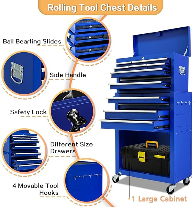 13-Drawer Tool Chest with Tool box and wheels, Large Detachable Tool box with Sliding Drawers, Mechanic Storage Cabinets, Metal Tool Cart for Garage Workshop (Blue)
