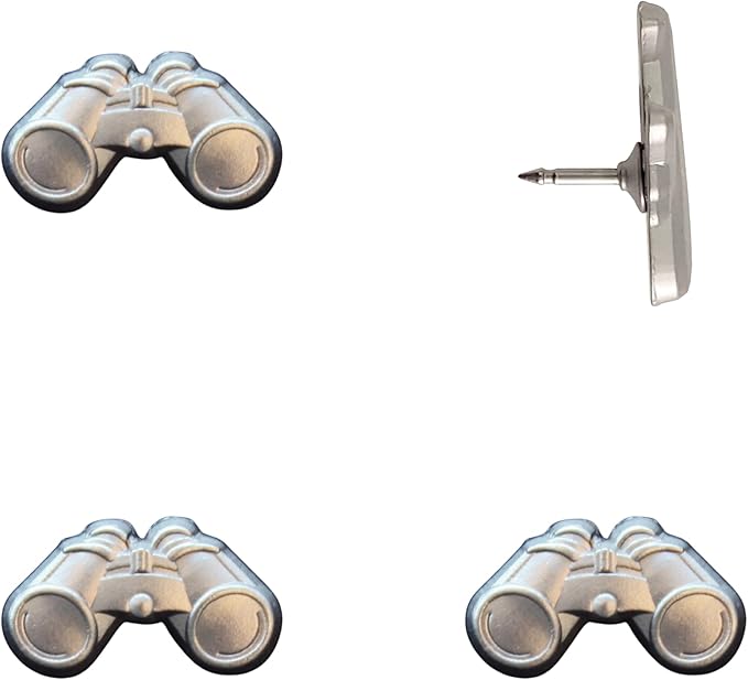 Binoculars Push Pins - Silver Bird Watching Map Pins for Cork Boards, Maps, or Lapel Use - Designed in USA - Set of 4