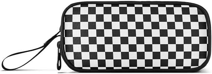 Black White Checkered Pencil Case Box Boys Girls Large Pencil Pouch Zipper Compartments Big Capacity Stationery Pen Bag Organizer for Kids Teens Adults School