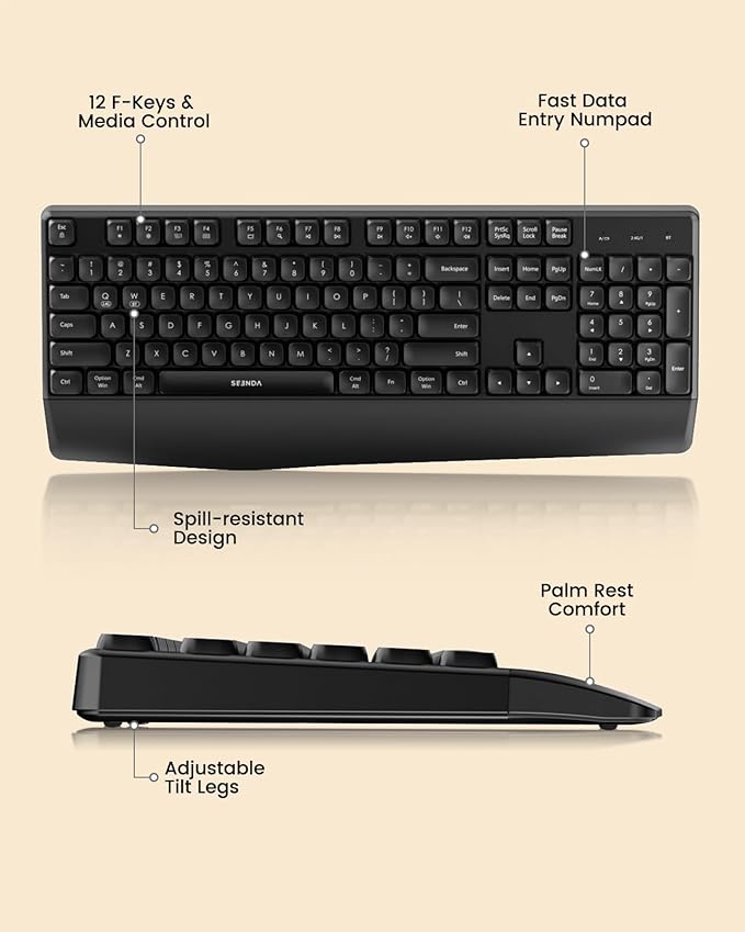 seenda Wireless Bluetooth Keyboard and Mouse Combo, COE200 Ergonomic Wireless Keyboard Mouse with Wrist Rest, Multi-Device Connection, Full-Size, Compatible for Computer/Laptop/Mac/MacBook, Black