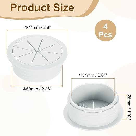 uxcell 4 Pcs Desk Grommet, Fit 60mm/2.36" Plastic Cable Hole Cover Bulk Top Hat Grommet Desk Hole Cover for Cables Home Office, Gray