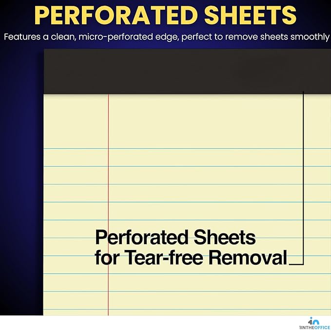 1InTheOffice Yellow Legal pads 8.5 x 11, Perforated Wide Ruled Writing Pads, Yellow Legal Pads 50 Sheets per Notepads, 12/Pack