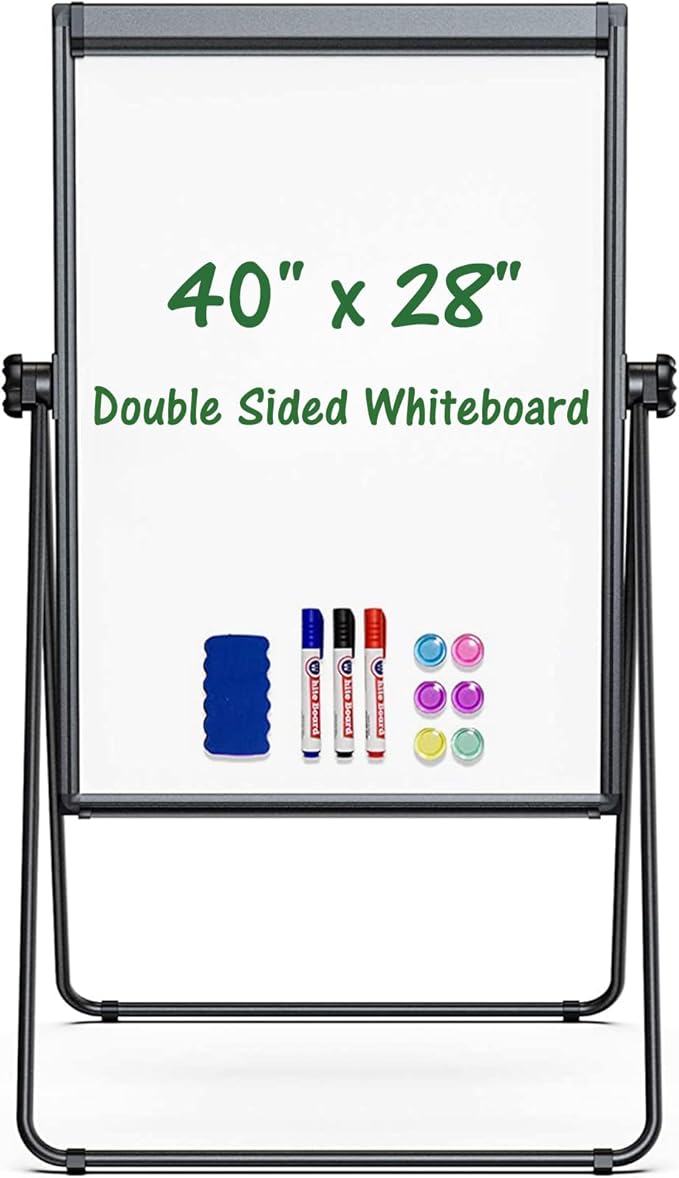 Stand White Board Magnetic 40 x 28 inches Dry Erase Board Double Sided Height Adjustable Flip Chart Easel with Flipchart Hooks for Teaching Presentation Meeting, Black
