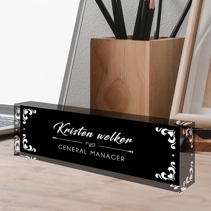 Desk Name Plate Personalized, Custom Name Plates for Desks, Office Desk Decor, Unique Clear Acrylic Glass Block, Personalized Office Gifts for Women Men Boss Teachers Coworkers Appreciation Gifts
