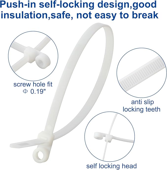 120 PCS 7.5 Inch Plastic Zip Ties with Screw Holes, Heavy Duty Mountable Cable Ties, UV Resistant Electrical Zip Ties for Indoor & Outdoor (White)
