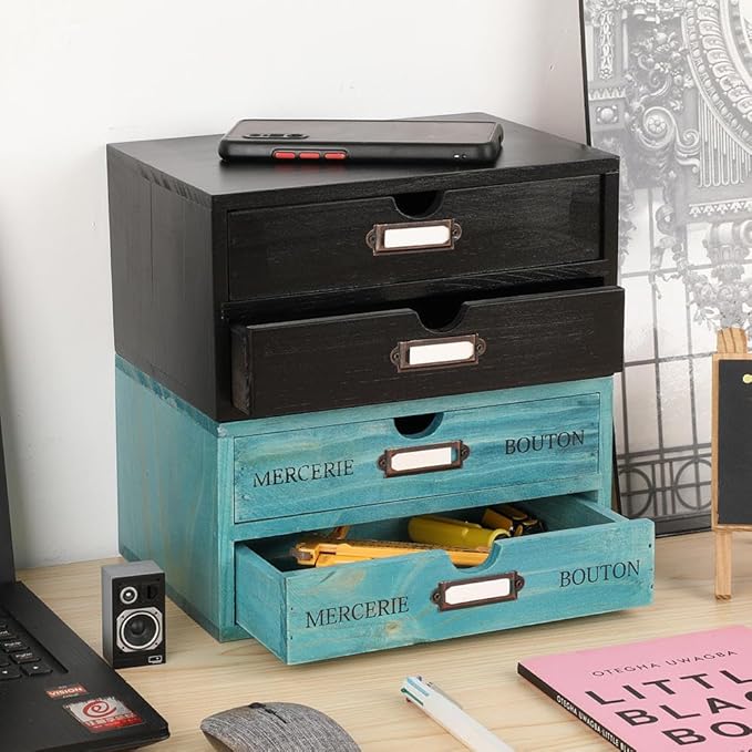 Wooden Storage Box Rustic Desktop Organizer with 2 Drawers Office Desk Accessories Shelf Small Craft Storage Containers Apothecary Cabinet and Chest Jewelry Holder for women(BLACK)