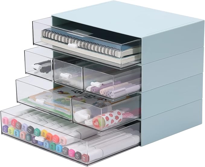 Desk Craft Organizer and Storage with 7 Flat Drawers, Stackable Plastic Desktop Accessories & Workspace Organizer for Office Stationary, Makeup Skincare, Sanitation Supplies, Blue