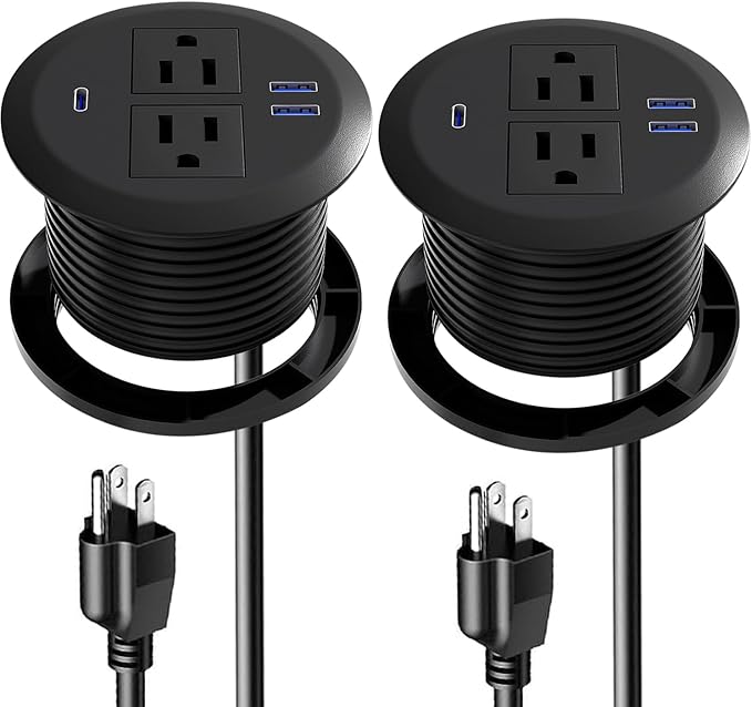 Desktop Power Grommet - Set of 2,3-inch,20W USB C Fast Charging,Fits 3-1/8" Holes.Round Recessed Power Strip Flush Mount Desk Grommet Outlet,2-AC Outlet,3-USB Port,5 ft Cord,Black