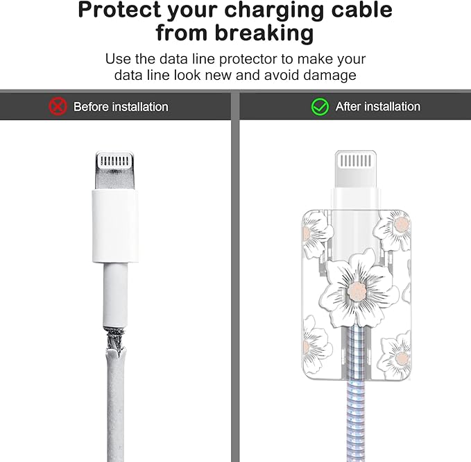 Cute Flowers DIY Protectors Cable Protector for iPhone Charger,Elegant White Camellia Pattern,Data Cable USB Charger Data Line Earphone Wire Saver for iPhone X 13 12 11 Pro Max