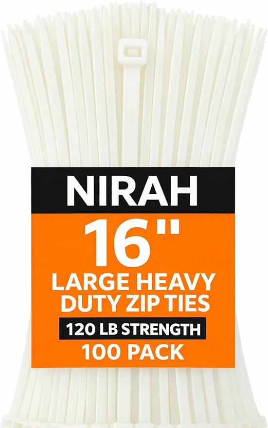 Large Zip Ties 16 inch Clear White Heavy Duty Cable Ties, 120 lbs Tensile Strength. UV resistant, Self-locking Wire Ties for Professionals, Office, Home, Garden, and Cable Management by Nirah