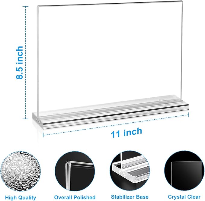 10 Pack Acrylic Sign Holder 8.5 x 11 Horizontal, Double-Sided Stand up Table Top Sign Holders, Clear Acrylic Picture Frame Menu Flyer Paper Holder Display Stand for Office Business Store Wedding Party