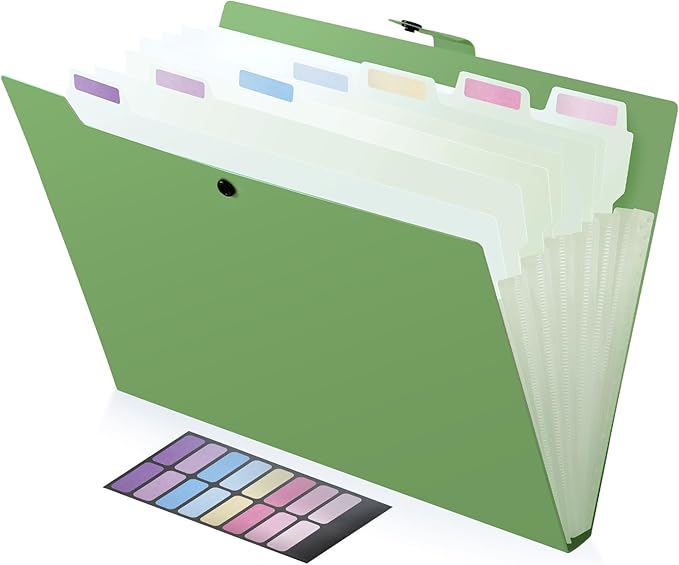 8 Pockets Expanding File Folder, Accordion File Organizer with Colorful Labels, Cute Folders for Documents, Portable File Folder Organizer for School Office Supplies, Letter Size, Green