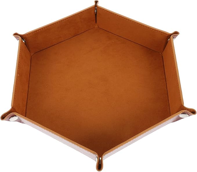 PU Leather Hexagonal Folding Tray Desktop Storage Organizer for Jewelry Keys Coins Home Accessories and Comfortable Catchall Plate with Elegant Brown Finish for Versatile Use