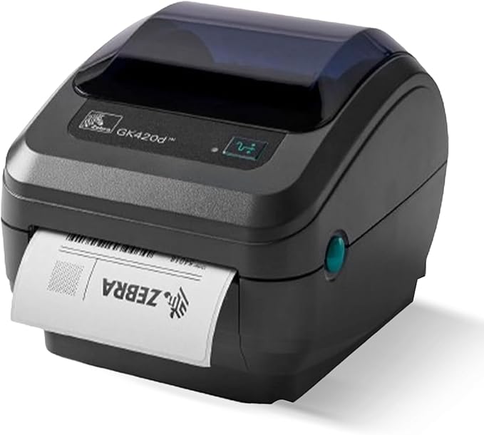 Zebra GK420D Direct Thermal Label & Barcode Printer Bundle - 1 Year Warranty - Ethernet Connectivity Printer with 24V AC Adapter + 4x6 Label Roll + USB 2.0 Cable + Microfiber Cloth (Renewed)