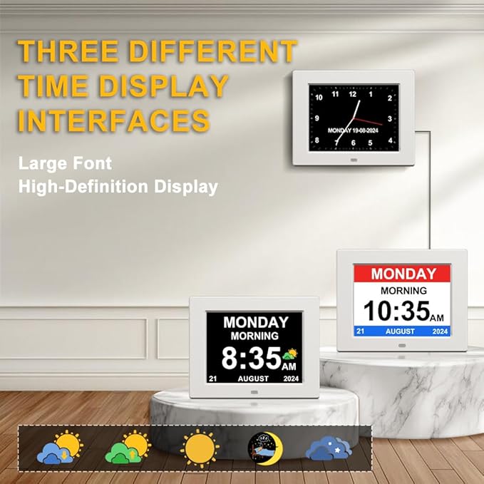 8‘’ Digital Calendar Day Clock, Gifts for People with Dementia Alzheimers, Large Display Alarms Clock for Seniors Electric Clocks with Date Day of Week 12 Alarms 4 Colors Auto DST/Dimmer