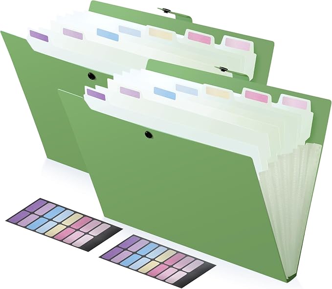 2 Pack Expanding File Folder with 8 Pockets, Accordion File Organizer for Documents, A4/Letter Size Paper File Folder Organizer with Labels, Portable Folders for School Office Supplies, Green
