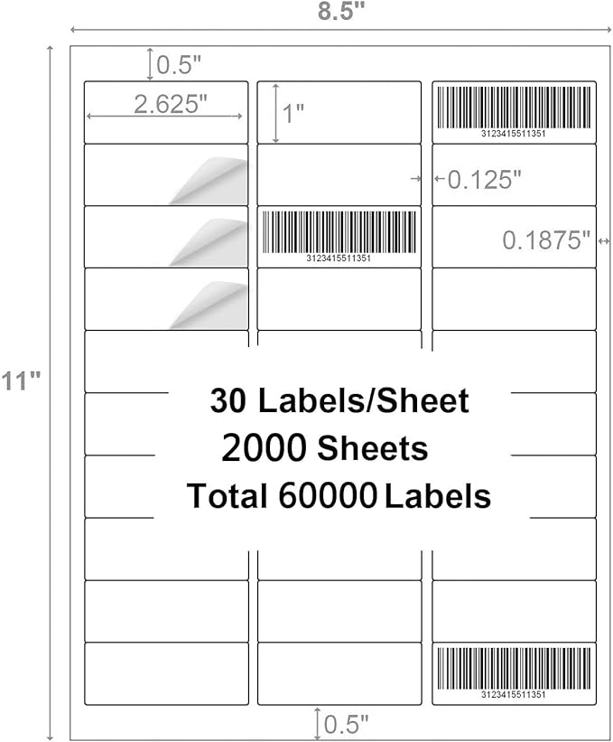 1" X 2-5/8" Address Labels,30 UP Shipping Label for Laser/Inkjet Printers,White Blank Mailing Label,30 Labels per Sheet(2000 Sheets)