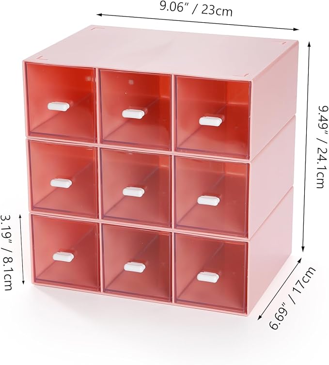 Desktop Drawers, Desk Organizer with 9 Drawers, Stackable Plastic Storage Box for Home Collection, Cosmetics, Office Supplies (3 Tall Layers, Pink)