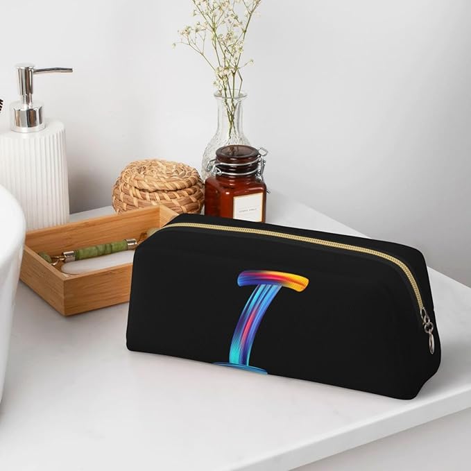 Cute Initial Pencil Case for Kids Simple Leather Pencil Pouch for Boys Girls Letter Design Pencil Box Pen Bag Pencil Pouch Office Stationery Organizer, Rainbow Letter I