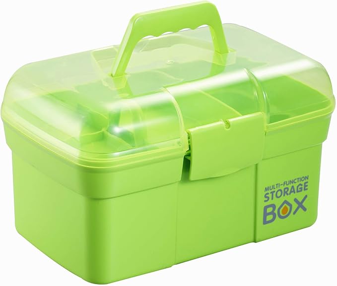 11'' Plastic Storage Box with Removable Tray, Multipurpose Organizer and Storage Case for Art Craft and Cosmetic (Green)