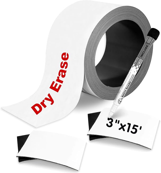 Thaibear Magnetic Dry Erase Labels Roll,3 Inch x 15 Feet, Magnetic Tape Roll, Magnetic Strips Labels, Dry Erase Magnet Labels Strip for Whiteboard, Locker, Refrigerator - Easy to Cut Any Shape