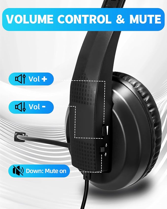 Grstltd Wired Headset with Mic for Laptop – Computer Headset for Kids Teens Adults with Noise Canceling Microphone & Volume Control – 3.5mm Stereo Headphones with Mute for Home Office Class