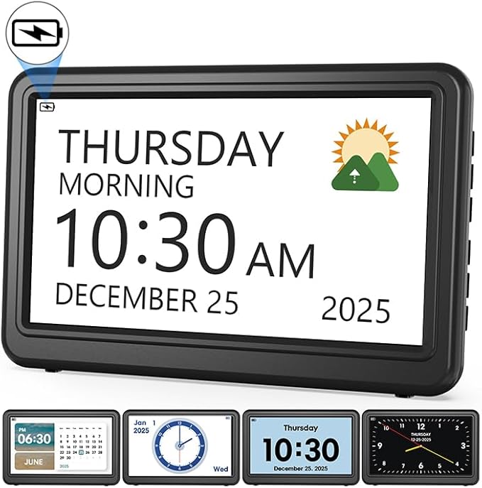 Clock with Day and Date for Elderly Battery Operated, Rechargeable Digital Calendar Clock with 12 Display Modes, 20 Alarms and Medicine Reminders, Dementia Clocks for Seniors Memory Loss Alzheimer's