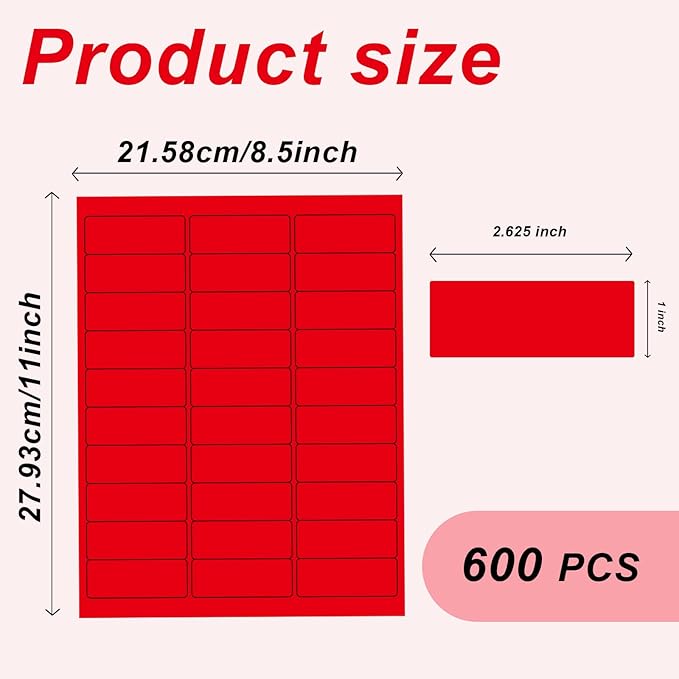 1" x 2-5/8" Colored Address Labels, 600 Bright Red Label Stickers- Laser/Ink Jet Printer Mailing Labels, 8.5"x11" 20 per Sheet