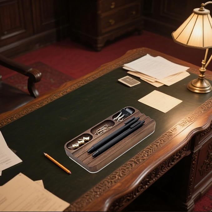 Pen holder Organizer of Office desks,Walnut Desk Pen Stand,Wave Pen TrayOffice Accessory,Teacher Gifts,Suitable for School,Home,Office Desktop Art Accessories (Brown-pen)