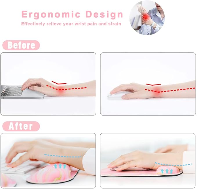 Memory Foam Ergonomic Keyboard Wrist Rest Pad and Mouse Wrist Rest Support Mouse Pad Set for Office Gaming Easy Typing-Pink Fluid