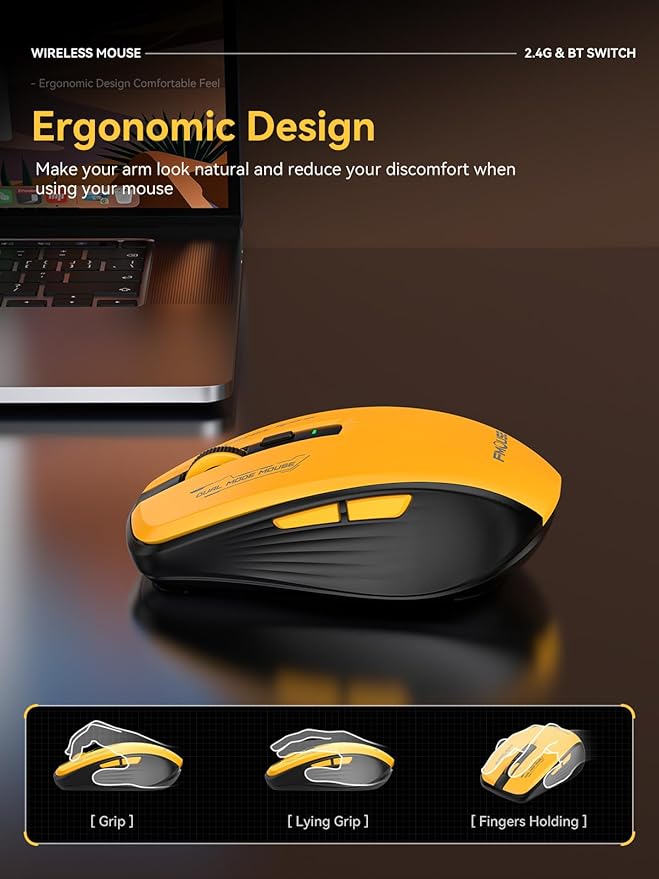 Bluetooth Mouse, Bluetooth 5.1 + 2.4GHz USB + USB-C Dongle, Wireless Mouse Tri-Mode, with Forward/Backward Side Keys, Silent Click, Side Buttons, Portable for Laptop, Mac, iPad (Yellow Black)