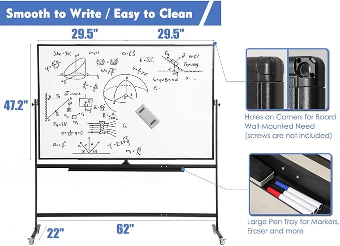 Large Magnetic Mobile Whiteboard 60"x48", Rolling Double Sided Stand Whiteboard on Wheels, Reversible Adjustable Height/Angle Dry Erase Board 5' x 4' Easel White Board for Office Classroom, Black