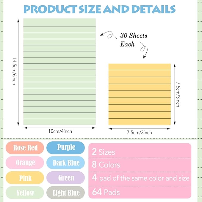 Yexiya 64 Pcs Lined Sticky Notes Self Stick Notes with Lines Bright Assorted Colors Sticky Pad for Home Office Products Post Memos, 1920 Sheets(4 x 6 Inch, 3 x 3 Inch,Fresh Color)