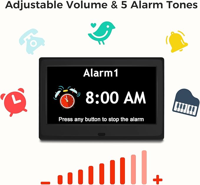 7'' Digital Clock, Dementia Clock With Date And Time, 10 Reminders, 6 Alarms, Auto-Dimming, Auto DST, Remote Control, Large Display Alarm Clock For Seniors, Gifts For People With Dementia, Alzheimers