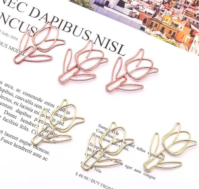 OWLFAVO 36pcs Tulip Flower Shape Paper Clips with Clear Box, Rose Gold and Yellow Gold, Funny Cute Paperclips Bookmarks Planner Clips for Fun Office Supplies School Gifts Wedding Decoration