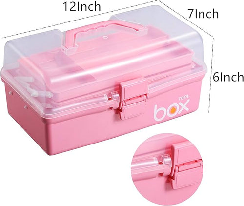 12'' Three-Layer Clear Plastic Storage Box with Handle, Craft Tool Box, 3 Layer Pink Tackle Box for Women, Organizer Box for Sewing Art and Cosmetic (Pink)