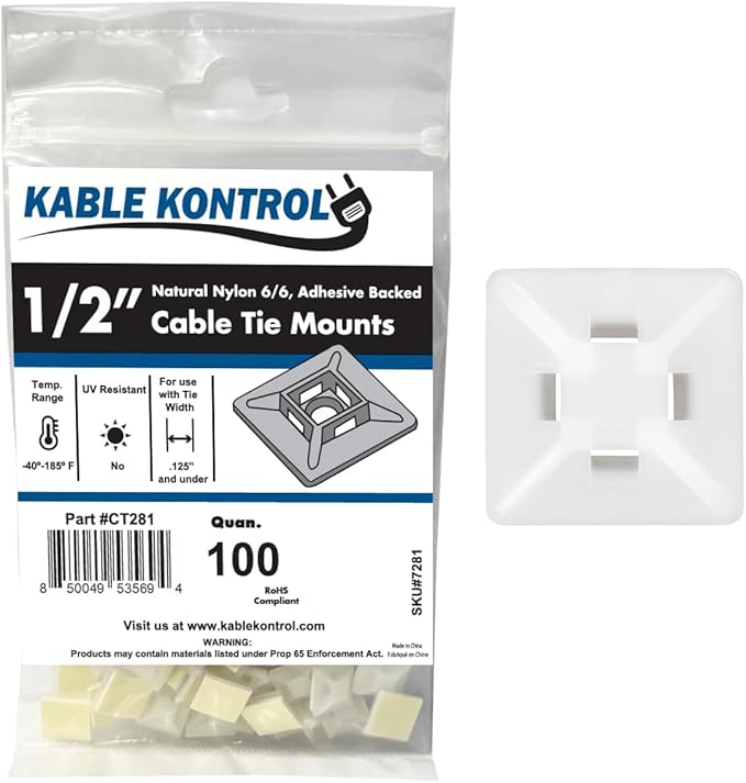 Kable Kontrol Zip Tie Mounts, 1/2” Sq, Natural White, 100 Pcs, Adhesive Backed Multi-Purpose Mounting Squares Nylon Cable Tie Wrap Anchor Pads for Cable Management