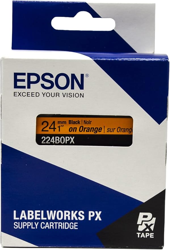 Epson LABELWORKS 224BOPX Genuine PET (Polyester) Tape Cartridge - Black on Orange Label Maker Tape - 1" (24MM) Wide, 30'