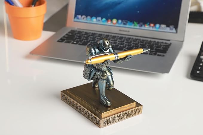 Knight Pen Holder Desk Ornament Resin Pencil Holders Desk Accessories and Organizer For Men with a Cool Pen (Blue)