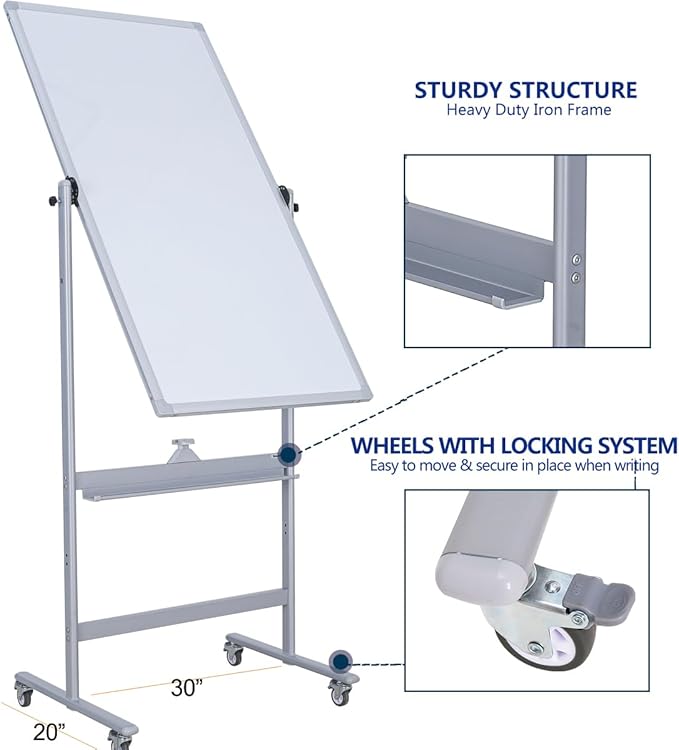 Double-Sided 40" x 28" Mobile Whiteboard with Wheels | Rolling Magnetic Dry Erase Board on Stand | Adjustable Height Silver Frame White Board for Office, Classroom & Home