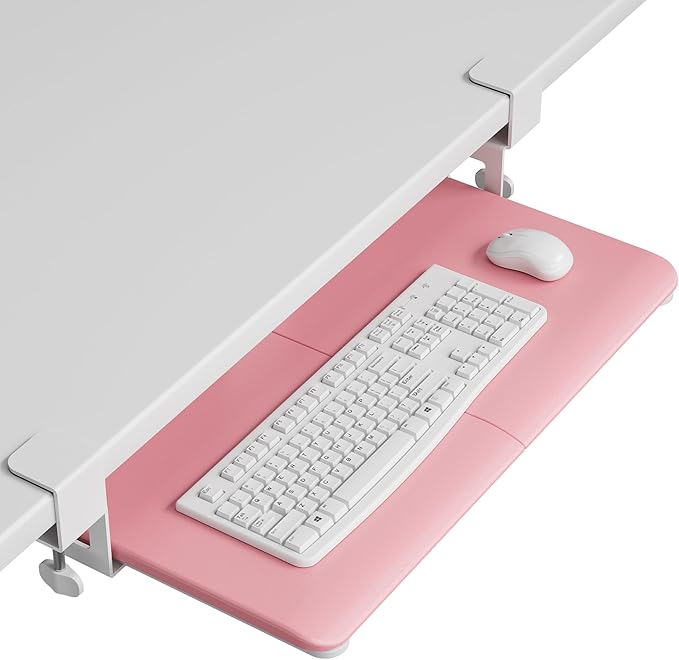 BONTEC KMT01 Under Desk Keyboard Tray, Pull-Out Keyboard & Mouse Platform with C-Clamp, 25.6 x 11.8 in Space-Saving Ergonomic Slide-Out Drawer, Pink