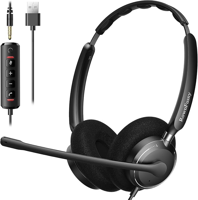 Rownfusny USB Headset with Microphone for PC, Computer Headset with Microphone Noise Canceling Mic for Laptop Call Center Wired Headset with Mic for Work Zoom Skype Teams from Office Home (Black)