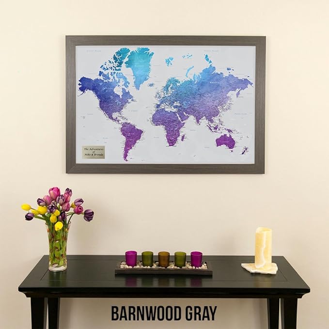 Personalized Vibrant Violet Watercolor World Travel Map with Barnwood Gray Frame