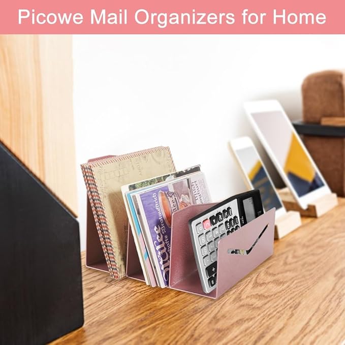 Picowe Metal Desk Mail Organizer Mail Holder, 3 Slots Letter Holder Organizer Envelope Organizer for Home Office (Rose Gold)