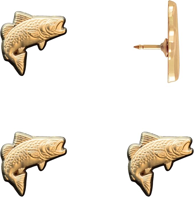 Fish Push Pins - Gold Trout Map Pins - Fishing Map Tacks for Cork Boards, Maps, or Lapel Use - Designed in USA - Set of 4